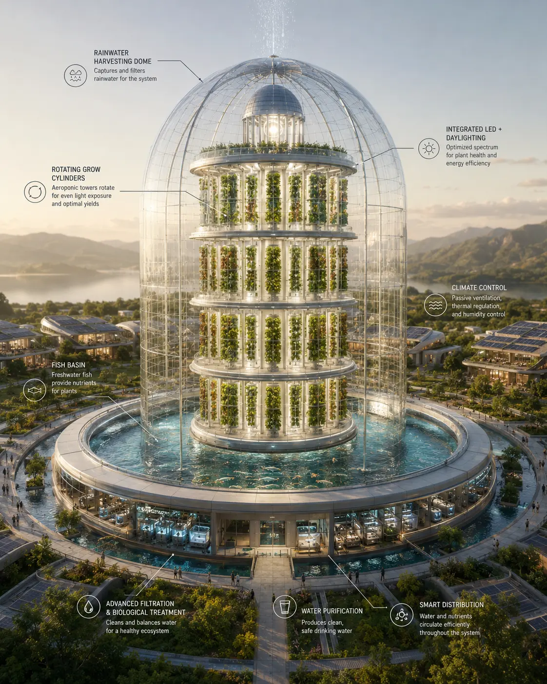 The daylit grow dome: rotating cylinders, fish basin at the base, rainwater cap.