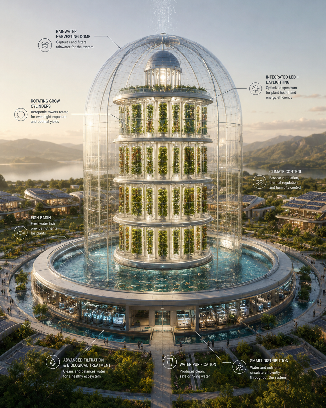 The daylit grow dome: rotating cylinders, fish basin at the base, rainwater cap.